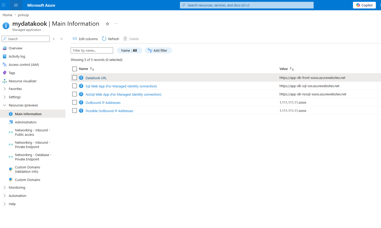 DataKook managed application – Main Information view